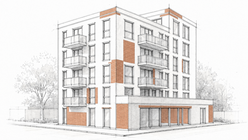 Architekturzeichnung eines fünfgeschossigen Mehrfamilienhauses mit Balkonen, heller Fassade, orangefarbenen Ziegelakzenten und eingeschossigem Vorbau.